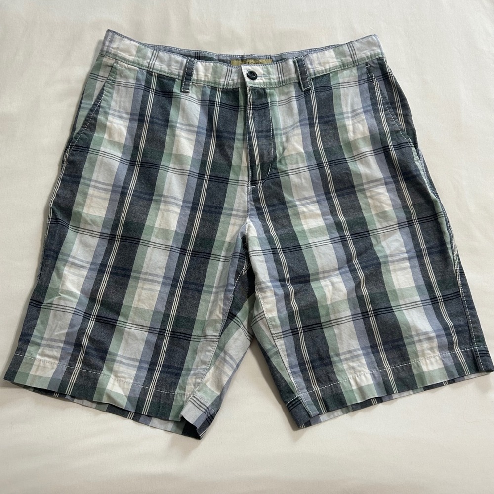 Sonoma Life Style Mens Plaid Shorts Green Blue White Cotton Size 32 Flat Front